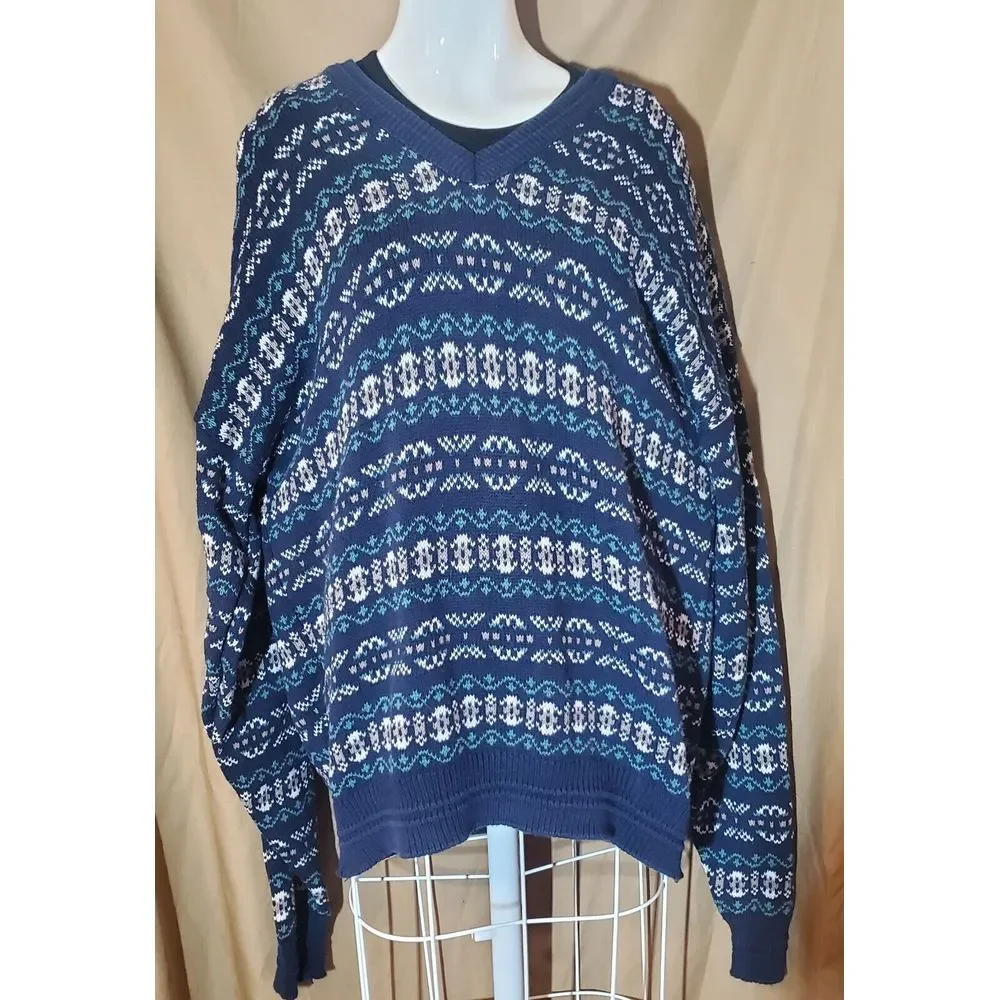 Vintage Jantzen XL V-neck Grandpa Sweater Blue‎ Green Geometric Print Y2k
